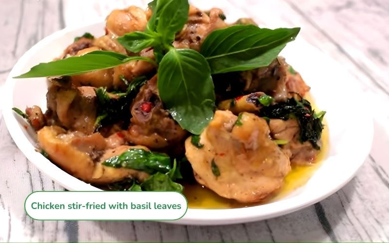 Chicken stir-fried with basil leaves, fragrant and flavorful.