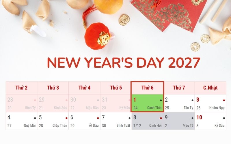 Accurate New Year's Day 2027 Calendar