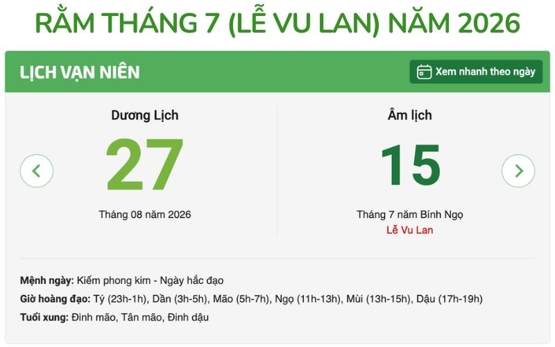 Lịch rằm tháng 7 /2026 chính xác
