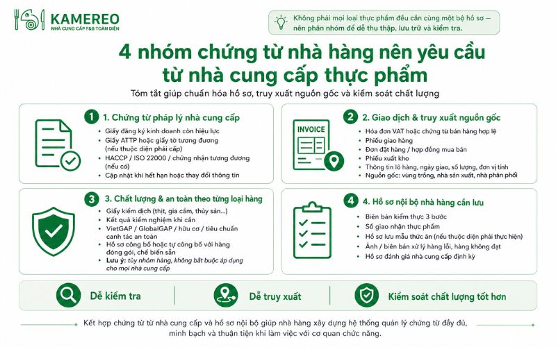 Các nhóm chứng từ cần yêu cầu với mọi nhà cung cấp thực phẩm