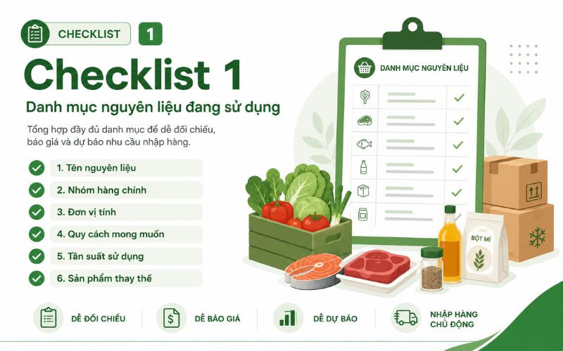 Checklist 1: Danh mục nguyên liệu đang sử dụng