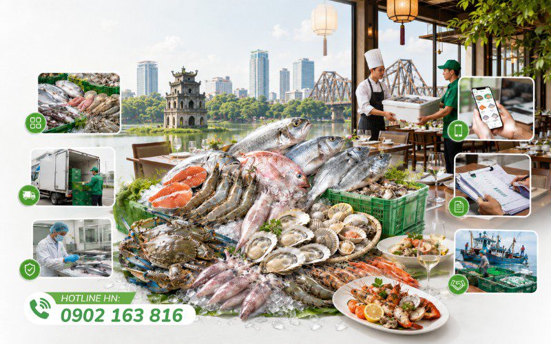 Hải sản tươi được kiểm tra chất lượng và phân loại trước khi giao đến khách hàng doanh nghiệp