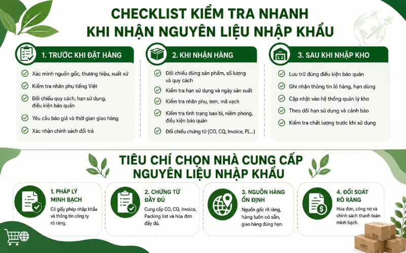 Quick checklist for receiving imported materials.