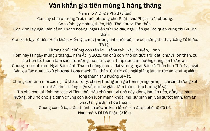 Văn khấn gia tiên mùng 1 hàng tháng
