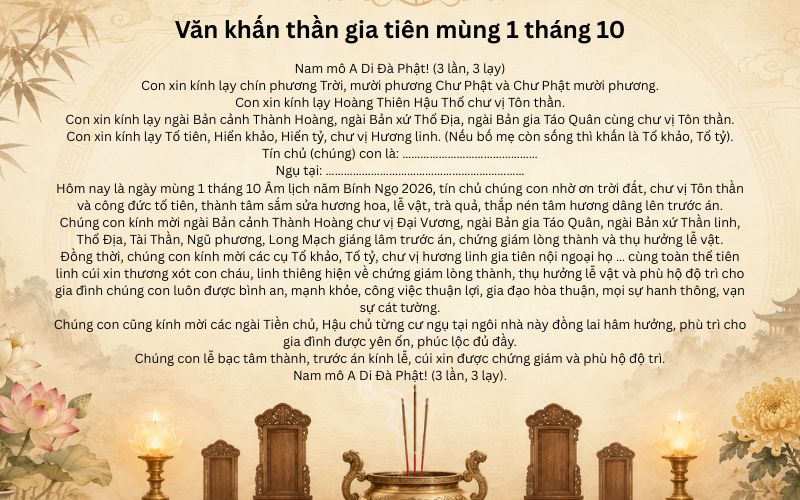 Văn khấn thần gia tiên mùng 1 tháng 10