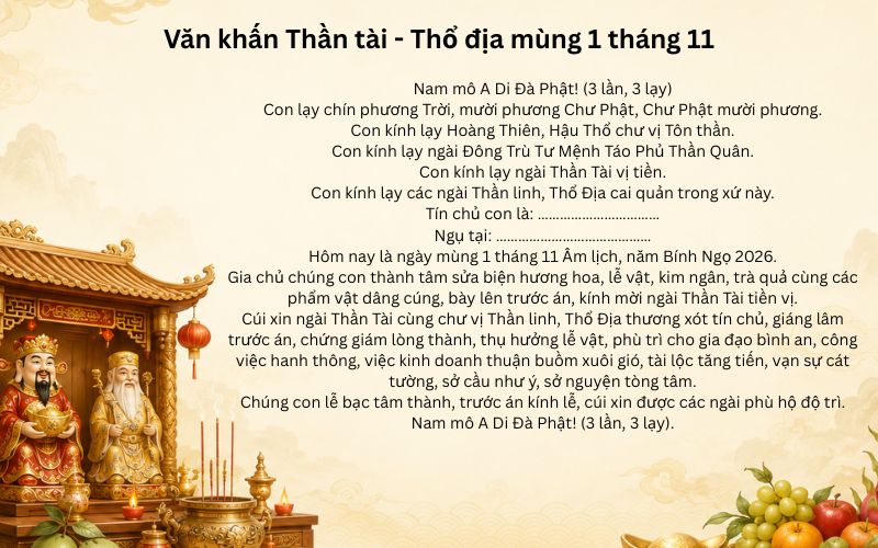 Văn khấn Thần tài - Thổ địa mùng 1 tháng 11