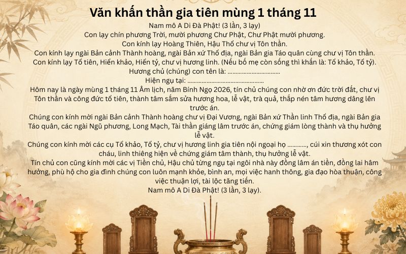 Văn khấn thần gia tiên mùng 1 tháng 11