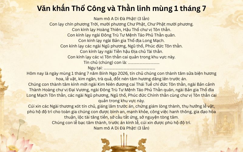 Văn khấn Thổ Công và Thần linh mùng 1 tháng 7