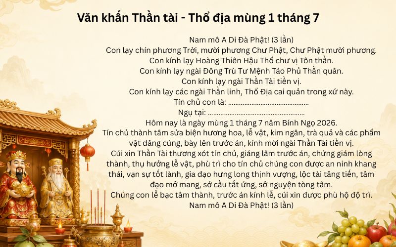 Văn khấn Thần tài - Thổ địa mùng 1 tháng 7
