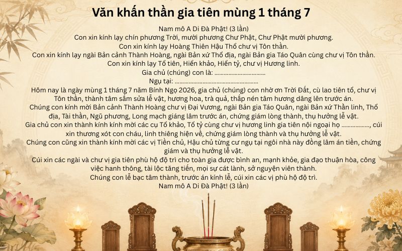 Văn khấn thần gia tiên mùng 1 tháng 7
