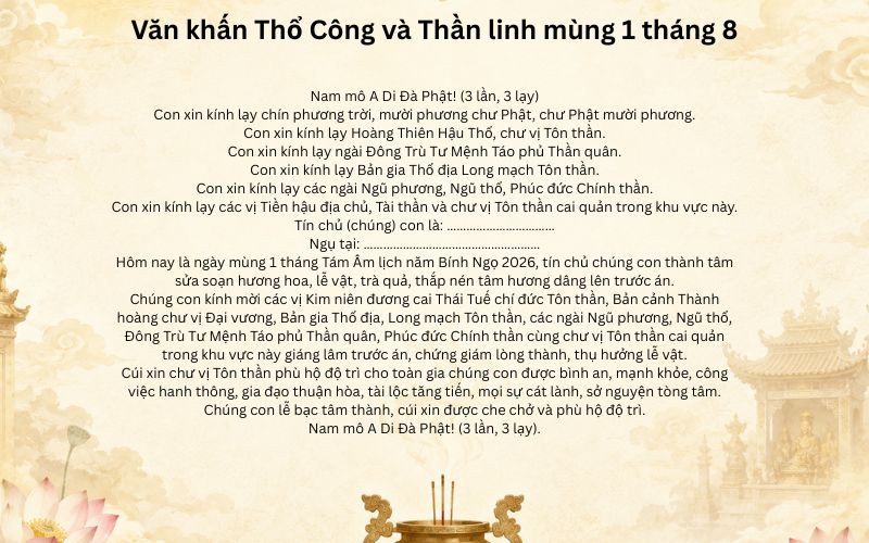 Văn khấn Thổ Công và Thần linh mùng 1 tháng 8