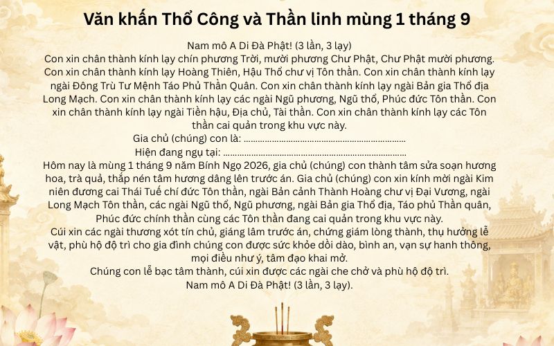 Văn khấn Thổ Công và Thần linh mùng 1 tháng 9