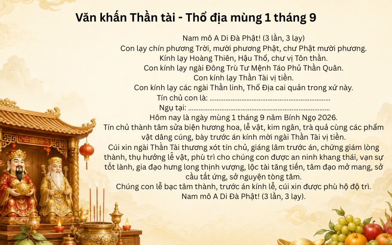 Văn khấn Thần tài - Thổ địa mùng 1 tháng 9