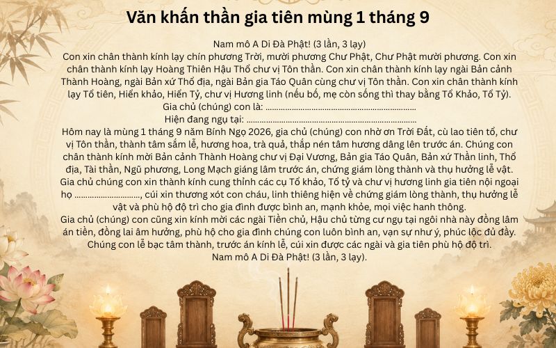 Văn khấn thần gia tiên mùng 1 tháng 9