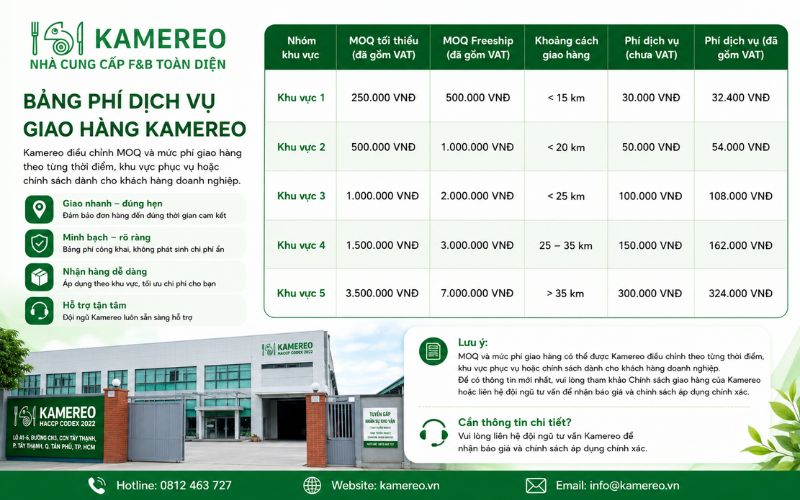 Số lượng đặt đồ uống tối thiểu (MOQ) và chi phí giao hàng tại Kamereo
