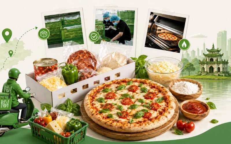 Phô mai mozzarella, sốt cà chua và các loại topping pizza tại Kamereo