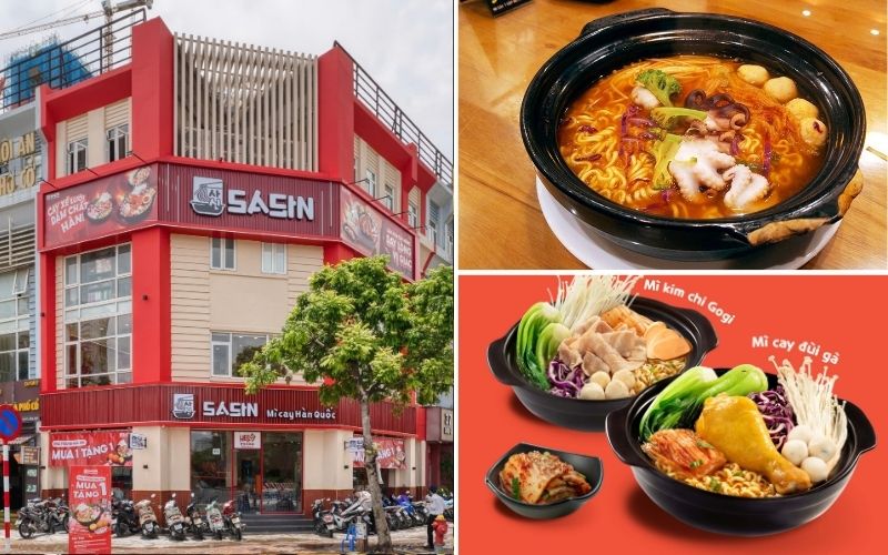 Spicy kimchi noodles, fish noodles, and seafood noodles at Sasin Cau Giay, Hanoi.