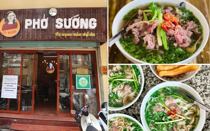 Bát phở Sướng với thịt bò tái chín và hành lá