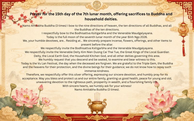 Prayer for the 15th day of the 7th lunar month, offering sacrifices to Buddha and household deities.