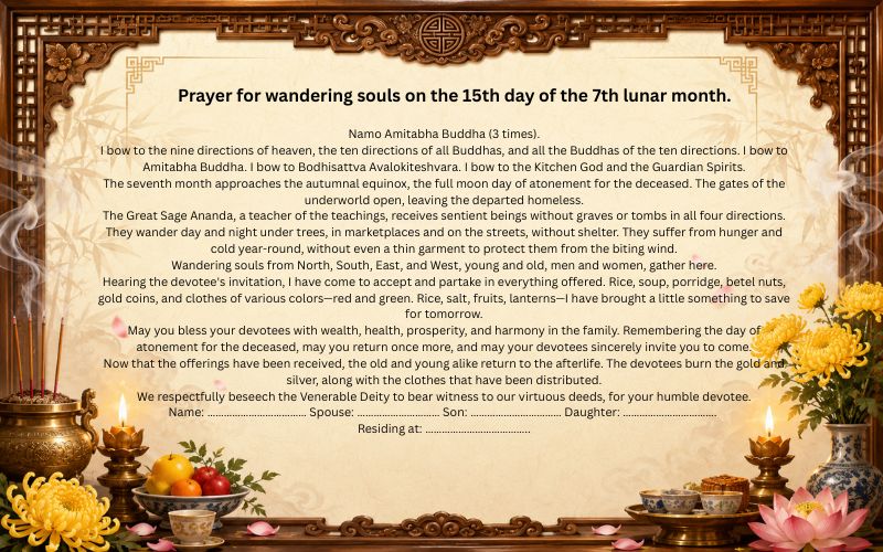 Prayer for offering to wandering souls (offering to all beings) on the 15th day of the 7th lunar month outdoors.