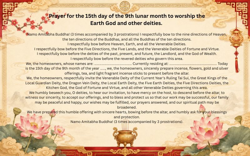 Prayer for the 15th day of the 9th lunar month to worship the Earth God and other deities.