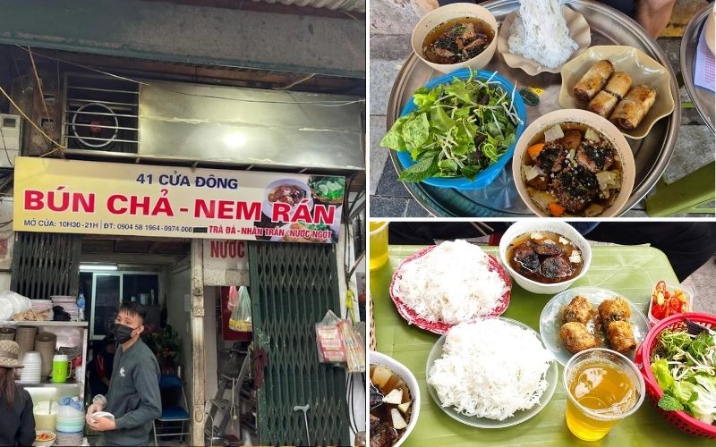 Bún chả 41 Cửa Đông Hà Nội với thịt nướng bằng que tre đậm bản chất xưa