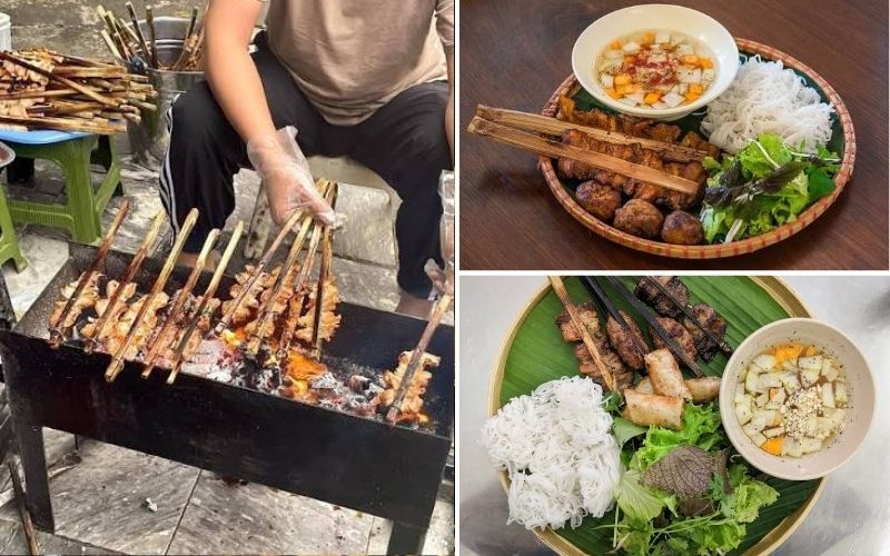 Quán bún chả bán thịt nướng bằng que tre truyền thống