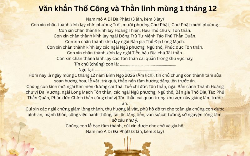 Văn khấn Thổ Công và Thần linh mùng 1 tháng 12 Âm lịch năm Bính Ngọ 2026