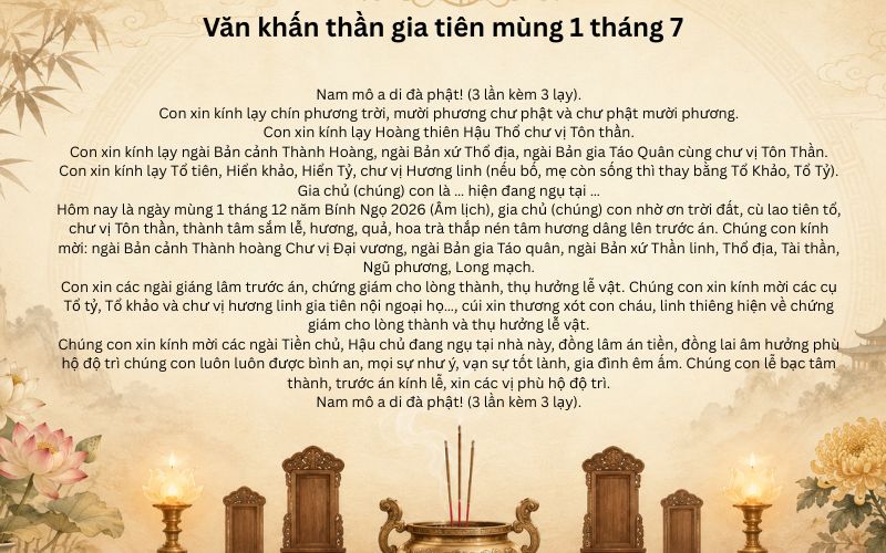 Văn khấn Thần tài - Thổ địa mùng 1 tháng 12 Âm lịch năm Bính Ngọ 2026