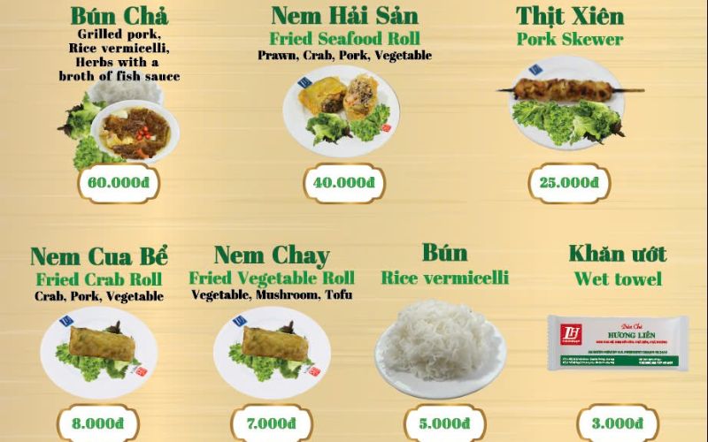 Menu các món bún chả và nem tại Hương Liên Hà Nội