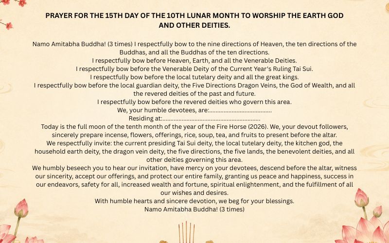 Prayer for the 15th day of the 10th lunar month to worship the Earth God and other deities.