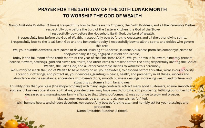 Prayer for the 15th day of the 10th lunar month to worship the God of Wealth