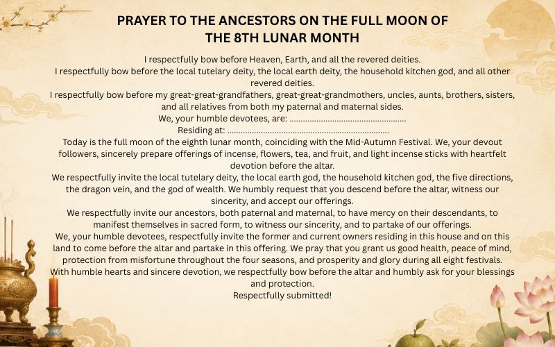 Prayer to the Ancestors on the Mid-Autumn Festival (15th day of the 8th lunar month)