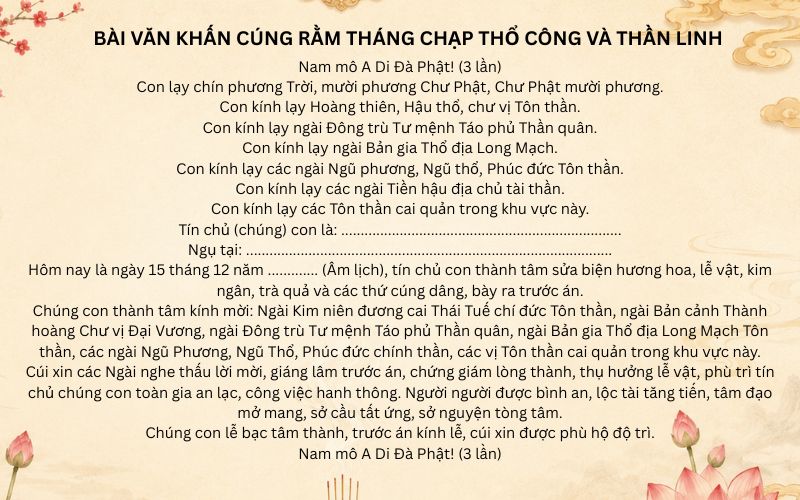 Bài văn khấn cúng Rằm tháng Chạp Thổ Công và Thần linh