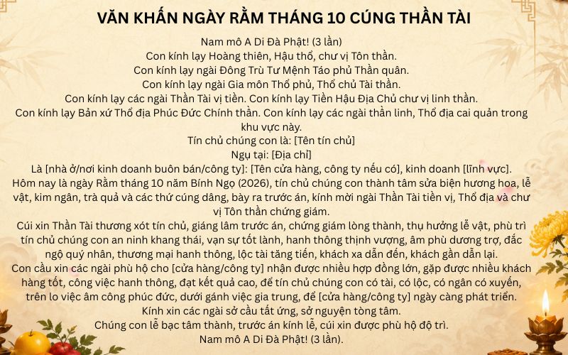 Văn khấn ngày rằm tháng 10 cúng Thần Tài